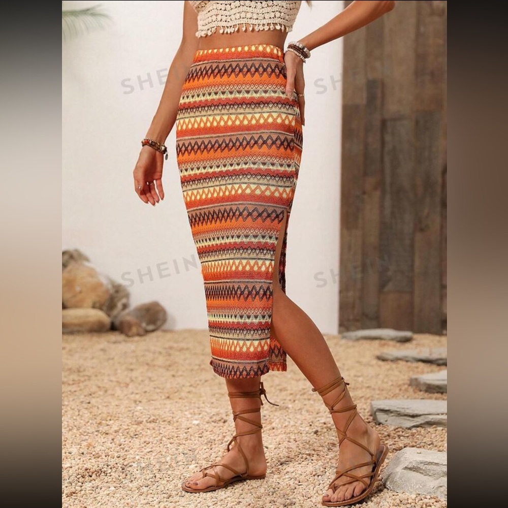 NWOT SHEIN VCAY Geometric Striped Side Slit Skirt Multicolor w/Asymmetrical Hem - Picture 4 of 14